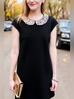 JULIE BROWN black shift dress with embellished Peter Pan collar, size S